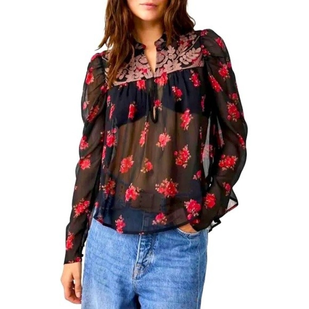 NEW Free People Patricia Embroidered Night Sky Combo Blouse Size XS